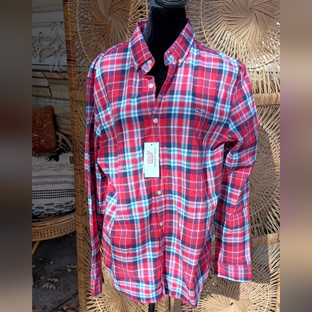 NWT Vineyard Vines Red and Blue 100% Cotton Plaid Button Down Shirt_large